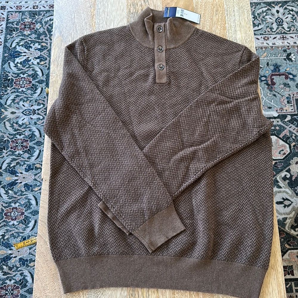 Ralph Lauren Brown pattern buttoned mock neck sweater L new merino wool